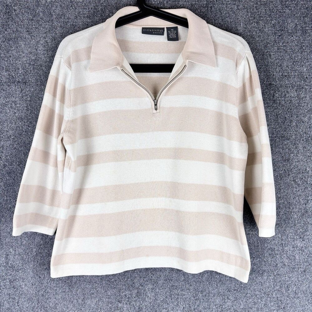 Relativity Petite Sweater PM Pink White Stripe Quarter Zip 3/4 Sleeve Cotton